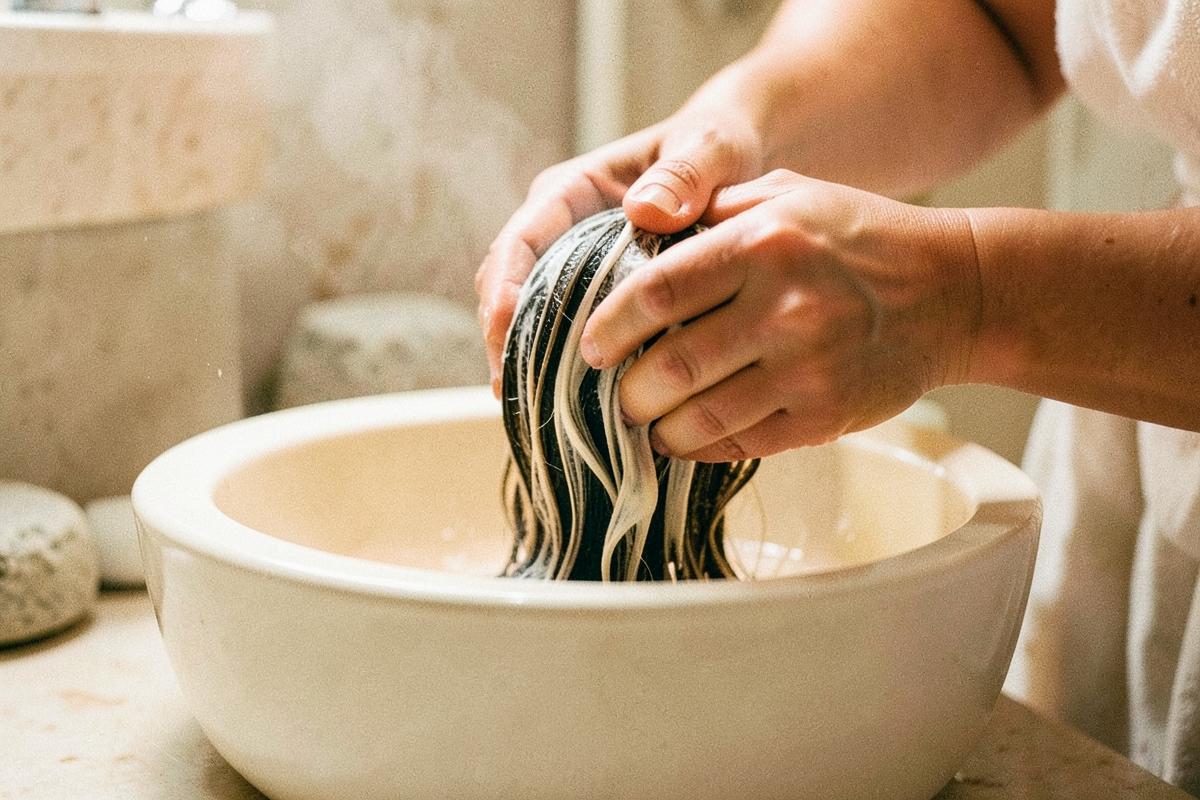 Mani che lavorano un impacco tra i capelli sopra una bacinella in ceramica
