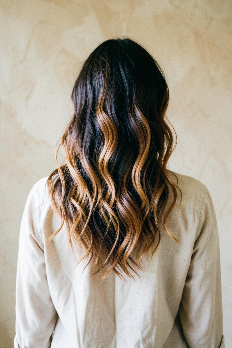 Balayage naturale su capelli lunghi ondulati, vista posteriore