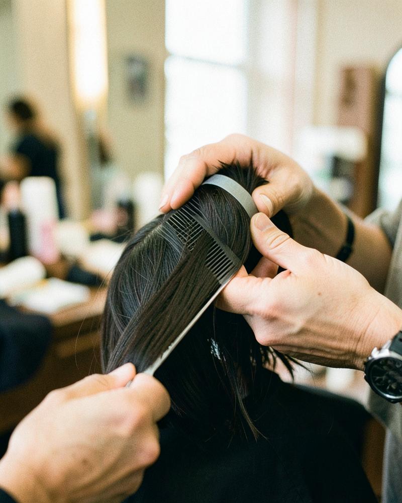 Mani che sollevano una ciocca di capelli scuri con un pettine sottile
