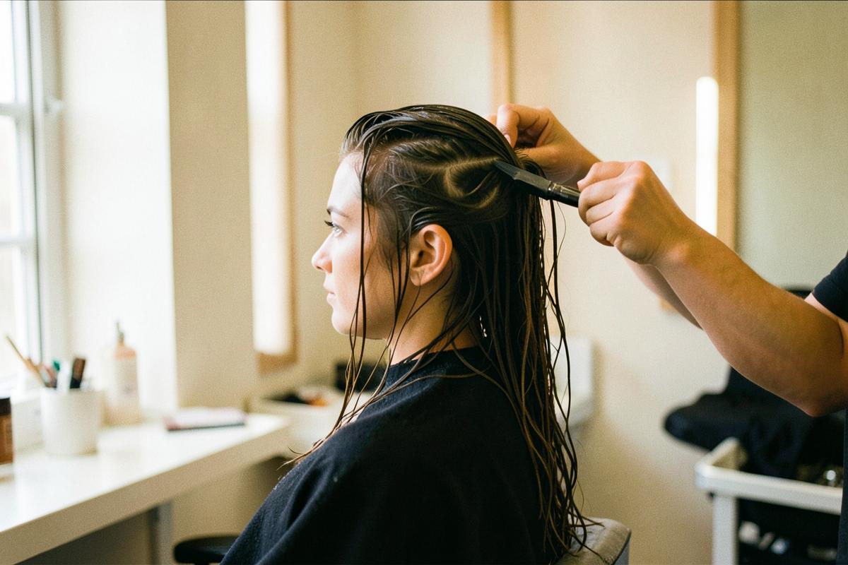 Hairstylist che divide in sezioni capelli bagnati durante il taglio