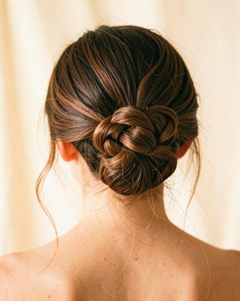Chignon intrecciato basso con ciocche morbide, visto da dietro