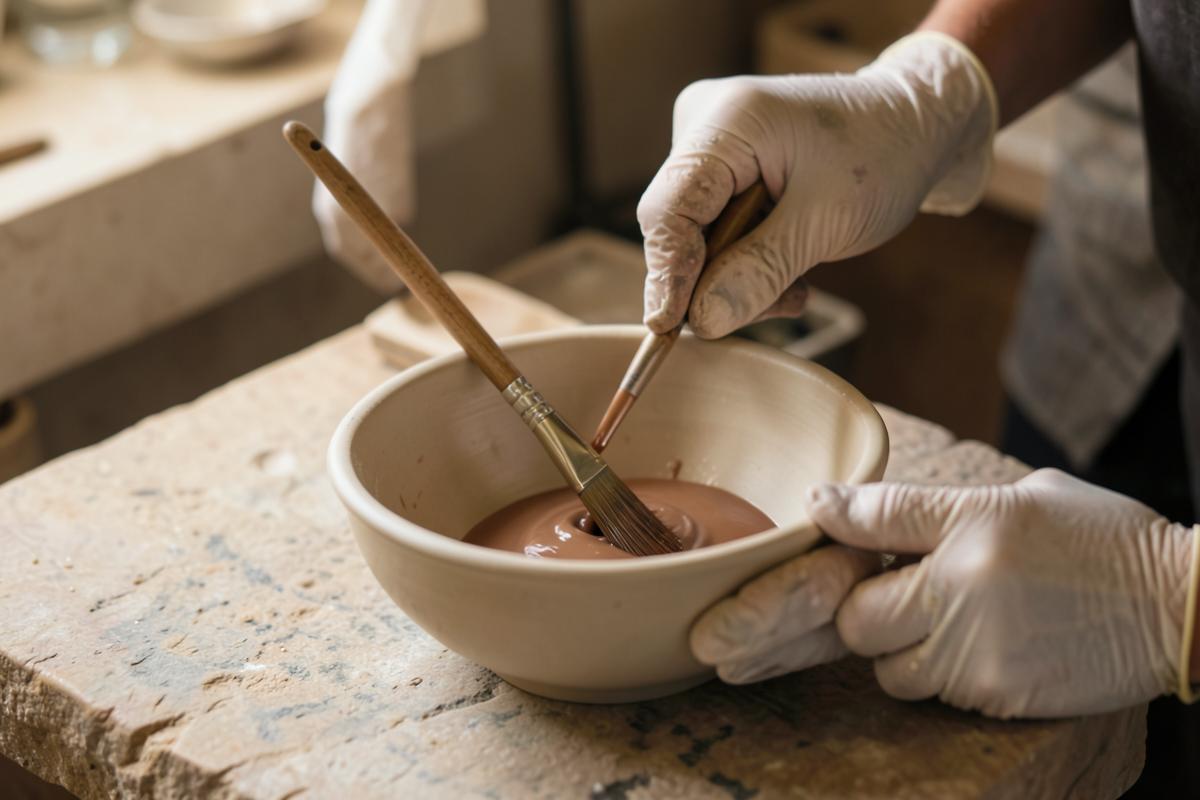 Preparazione della miscela di colore in una ciotola di ceramica