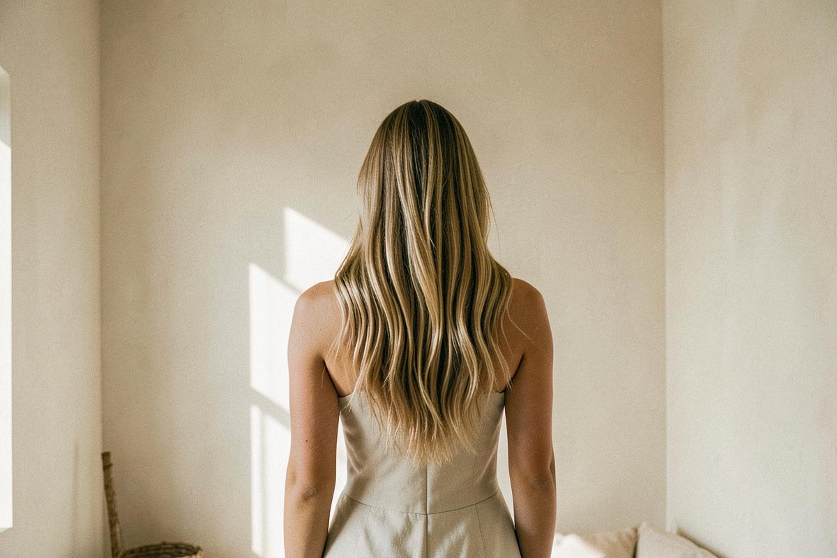 Donna di spalle con capelli lunghi ondulati in una stanza minimale color crema