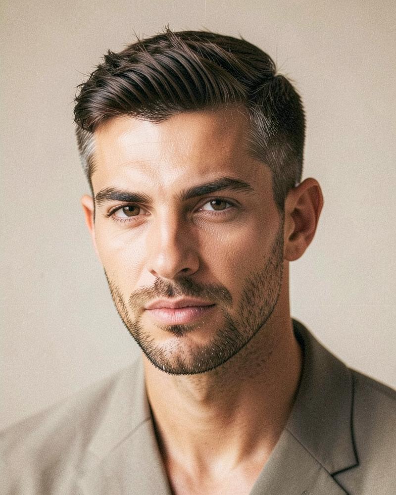 Ritratto maschile con taglio corto strutturato e styling naturale